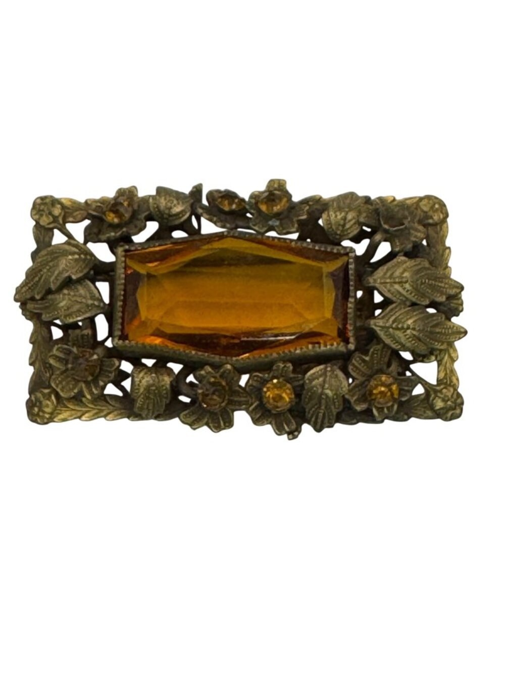 Vintage Amber Czech Glass Floral Brass Brooch Pin Ornate 2" Art Deco Victorian